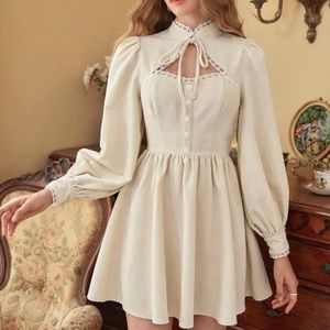 SHEIN Cream Corduroy Lantern Sleeve Dress SM